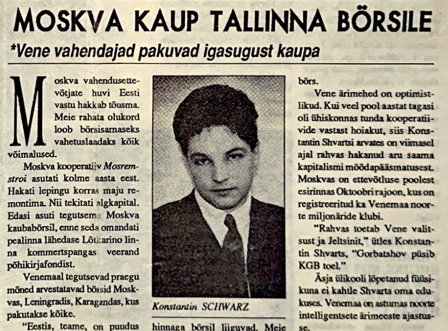 Константин Шварц — Таллинн начала 1990-х, ранние коммерческие проекты, статья в эстонской прессе